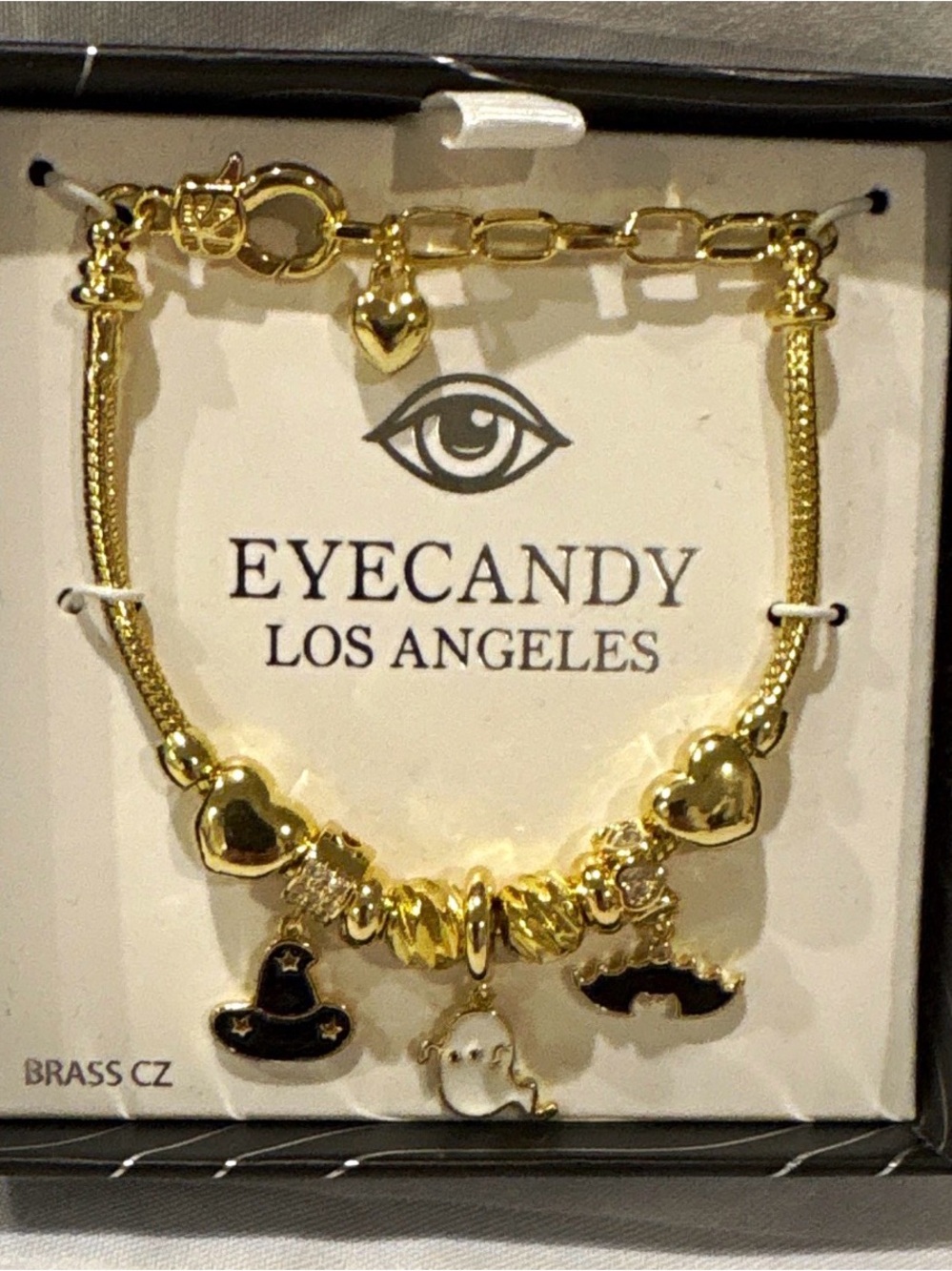 Eyecandy Gold Tone Brass Halloween Charm Bracelet